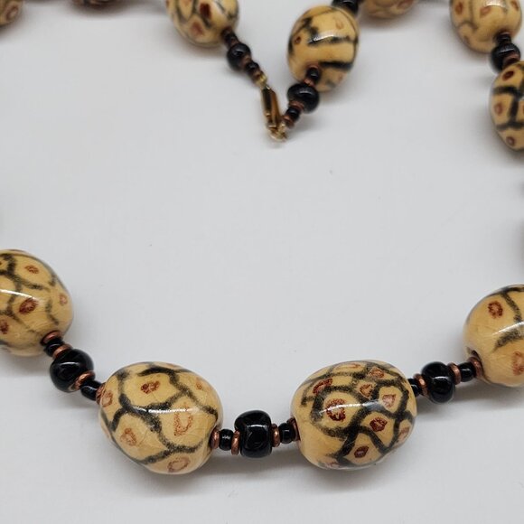 Vintage Tribal Inspired Ceramic Beaded Necklace With Black & Copper Accents - Picture 4 of 8